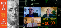Graphic with the Ben & Me book cover and a photo of the control room monitor showing Eric Weiner, Jim Crupi, Ph.D., Jim Falk, and a countdown timer