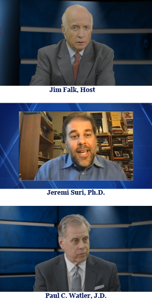 Graphic showing screenshots of Jim Falk, Jeremi Suri, Ph.D., and Paul C. Watler, J.D., on Perspectives Matter.